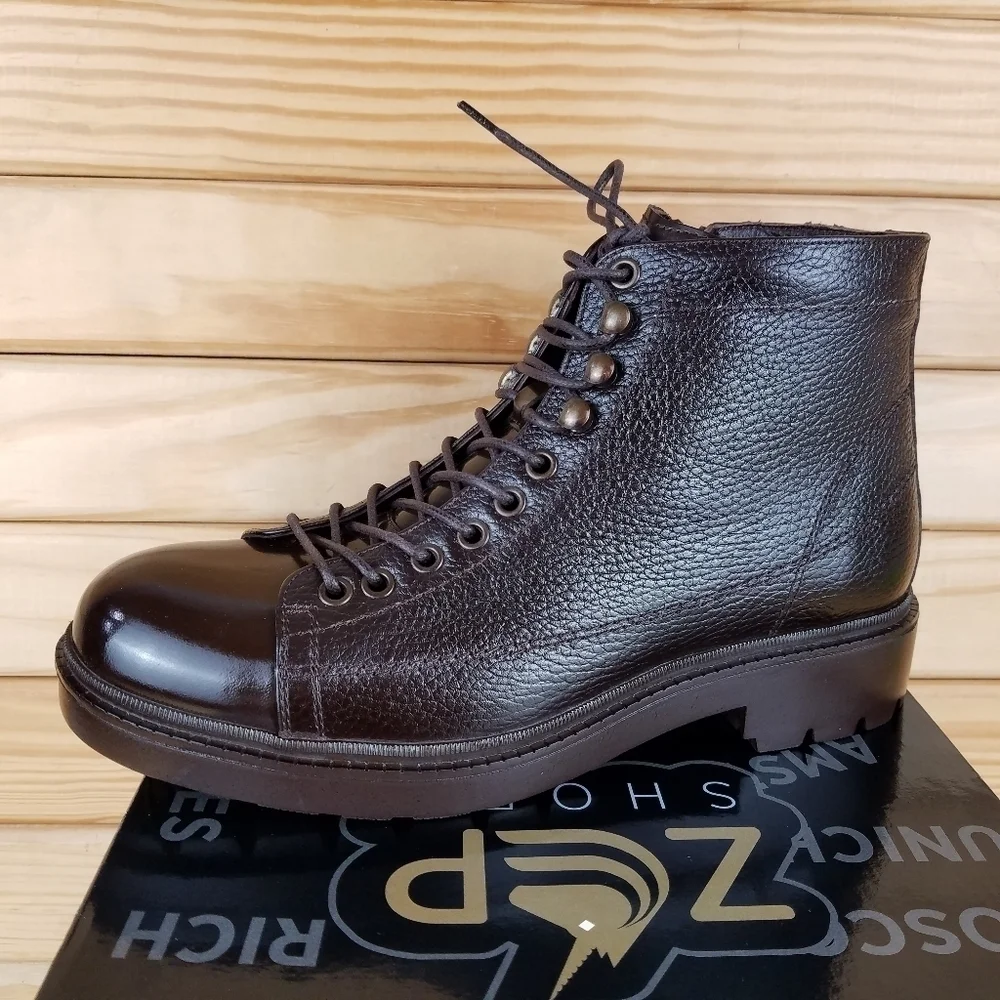Mens 100% Genuine Leather Brown Ankle Boots 9 US by Paul Branco Side Zip Lace-up